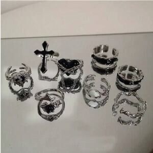 8x Goth Emo Punk Rave One Size Adjustable Ring Set